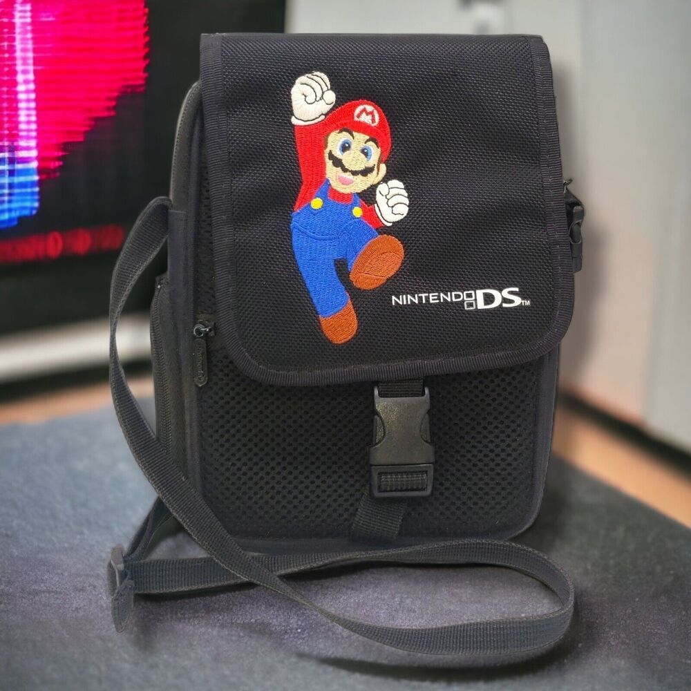 Super Mario Nintendo DS Carrying Case Travel Bag Pouch Embroidered Black